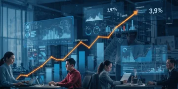 Illustration of a strong 2025 labor market with 3.9% unemployment, showing economic growth and diverse workforce.