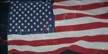 Stylized graphic of American flag with electoral and economic symbols for 2025 US Election