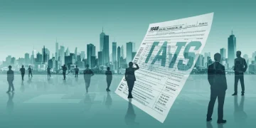 Stylized US tax form over a city representing 2025 tax code changes for individuals and corporations.