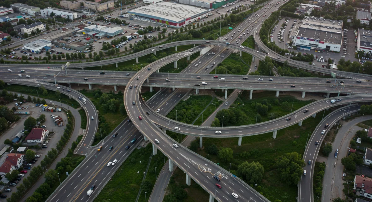 Aerial view of a new, complex highway interchange with smooth traffic flow.