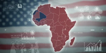 Stylized map of Africa highlighting three emerging power blocs, with U.S. flag elements.