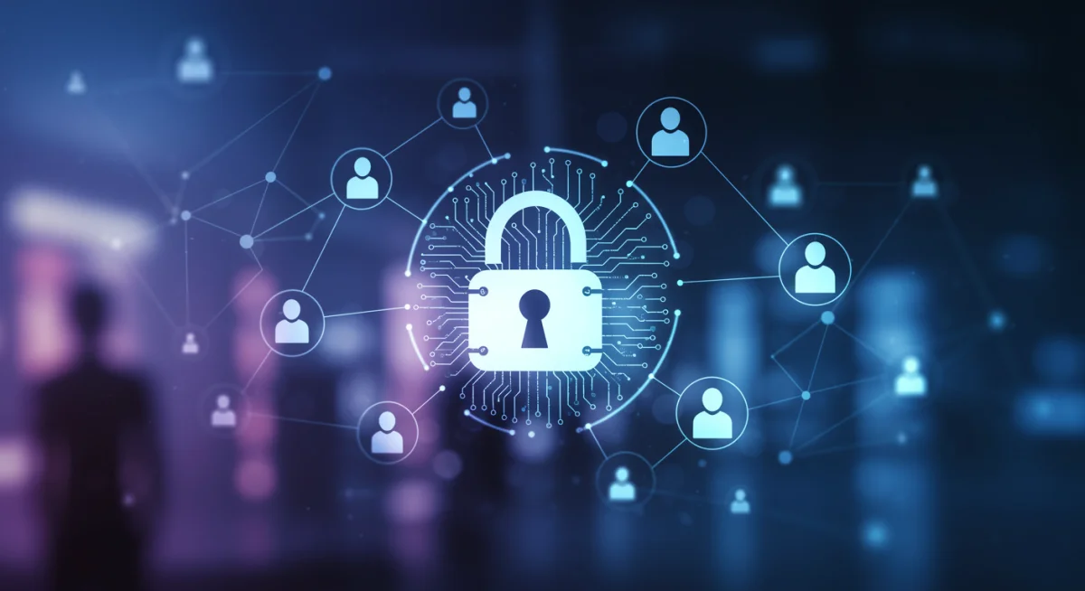 Digital lock over data points, symbolizing AI data privacy concerns