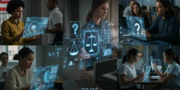 Diverse Americans interacting with AI, reflecting ethical dilemmas by 2025