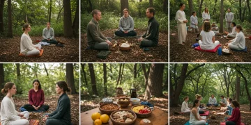 Diverse individuals exploring new spiritual paths in a natural setting, representing modern American spirituality.