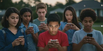 American youth engaging with social media on smartphones, depicting mental wellness reflection