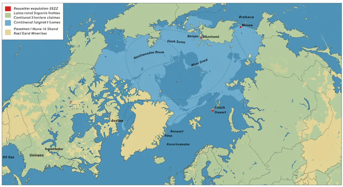 Detailed map illustrating competing Arctic territorial claims, exclusive economic zones, and strategic shipping lanes.