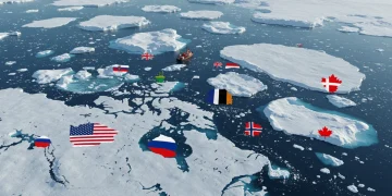 Satellite view of the melting Arctic ice cap with superimposed national flags, symbolizing geopolitical competition and climate change impacts.