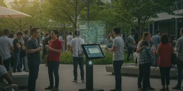 Diverse community engaging in hybrid digital-physical interaction in a modern urban park, symbolizing future engagement.