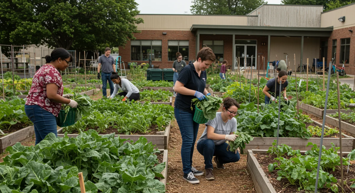 Diverse community members engaged in a sustainable urban garden project, fostering local food systems and social connection.