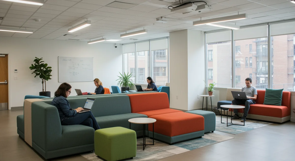 Modern co-working space with remote workers collaborating