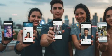 Diverse Americans engaging with digital devices, representing cultural identity in the digital age.