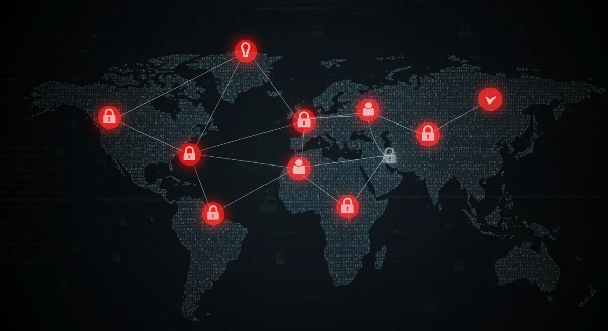 Complex network diagram showing cyberattack vulnerabilities and digital code with a hacker silhouette.
