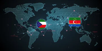 Digital map showing global cyber warfare with data streams and two prominent nation-state threat symbols.