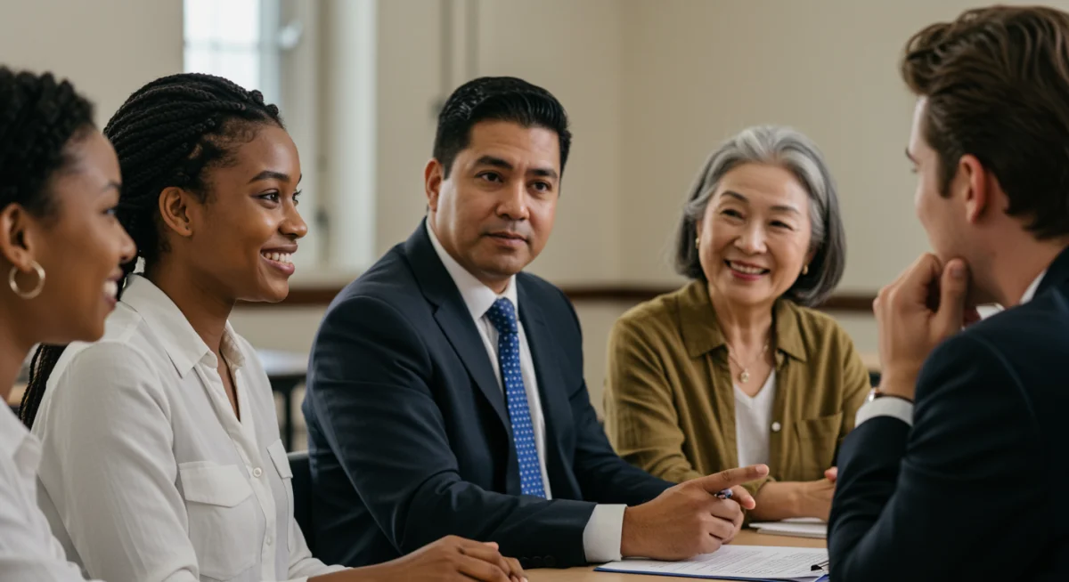 Diverse group of Americans discussing politics, symbolizing democratic engagement