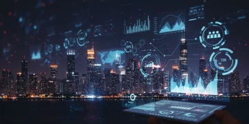 Futuristic digital city with data analytics overlay, symbolizing e-commerce growth