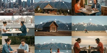 Diverse digital nomads working remotely in scenic US locations