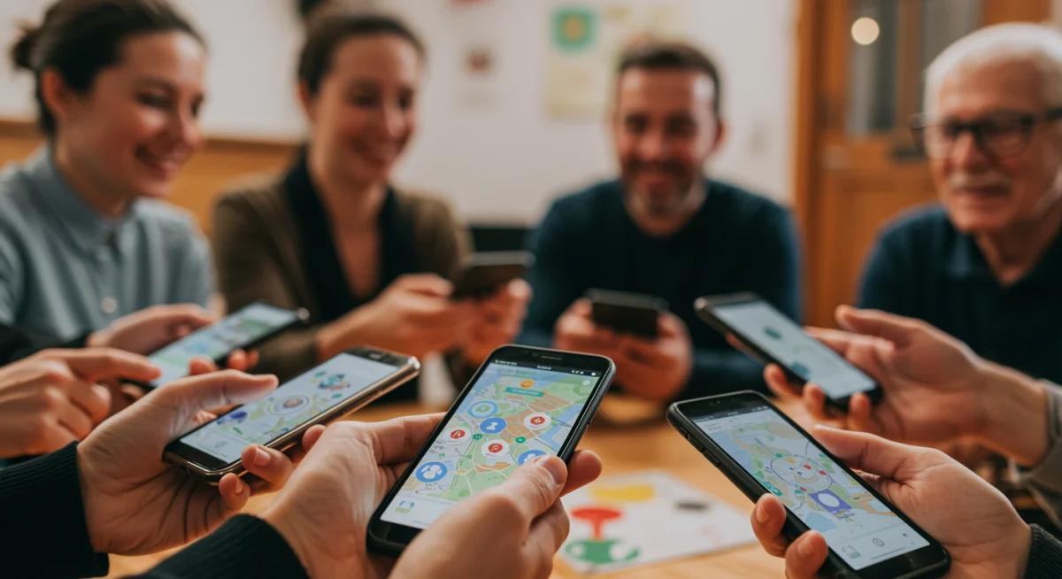 People using smartphones for collective digital engagement at a community center, fostering real-world interaction.