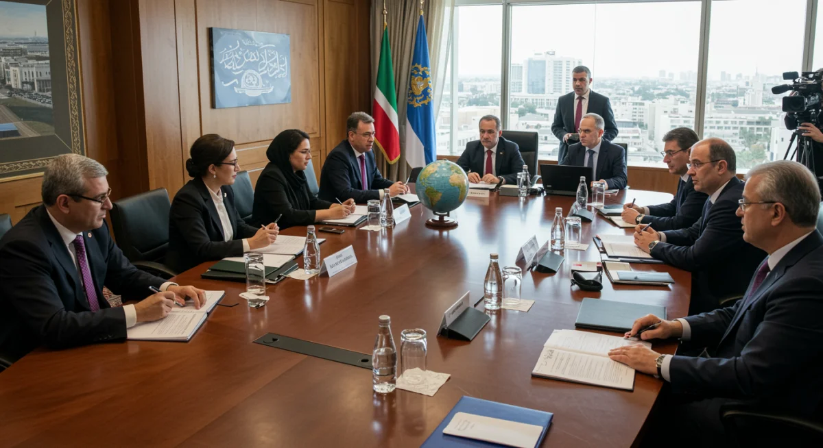 Diplomats from various nations in intense discussion around a conference table, symbolizing international negotiations