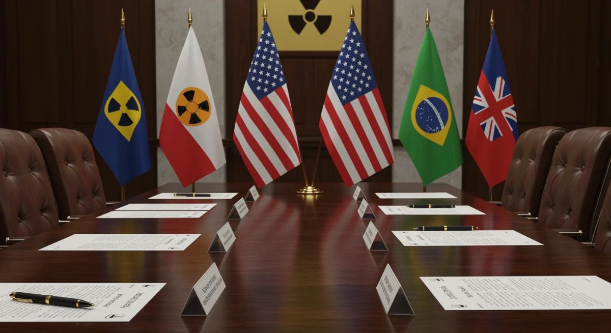 International diplomats at a negotiation table discussing nuclear non-proliferation treaties.