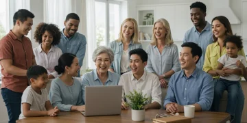 Diverse multi-generational American family in modern home setting