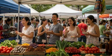Diverse American food market with various cuisines and people connecting