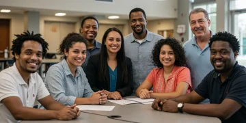 Diverse community members engaging in positive dialogue and cultural exchange.
