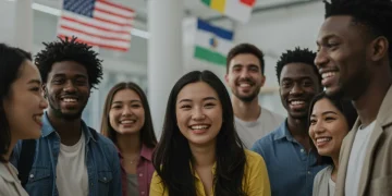 Diverse group of young adults engaging in cultural exchange, smiling and interacting.