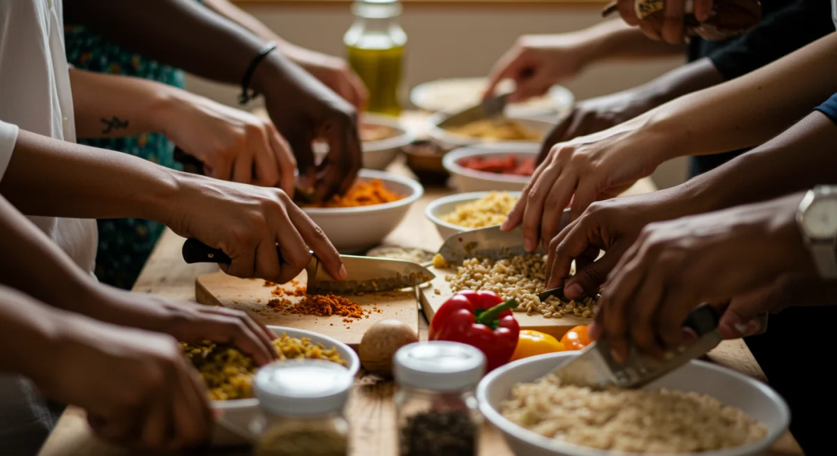Diverse hands preparing a communal meal, symbolizing culinary fusion
