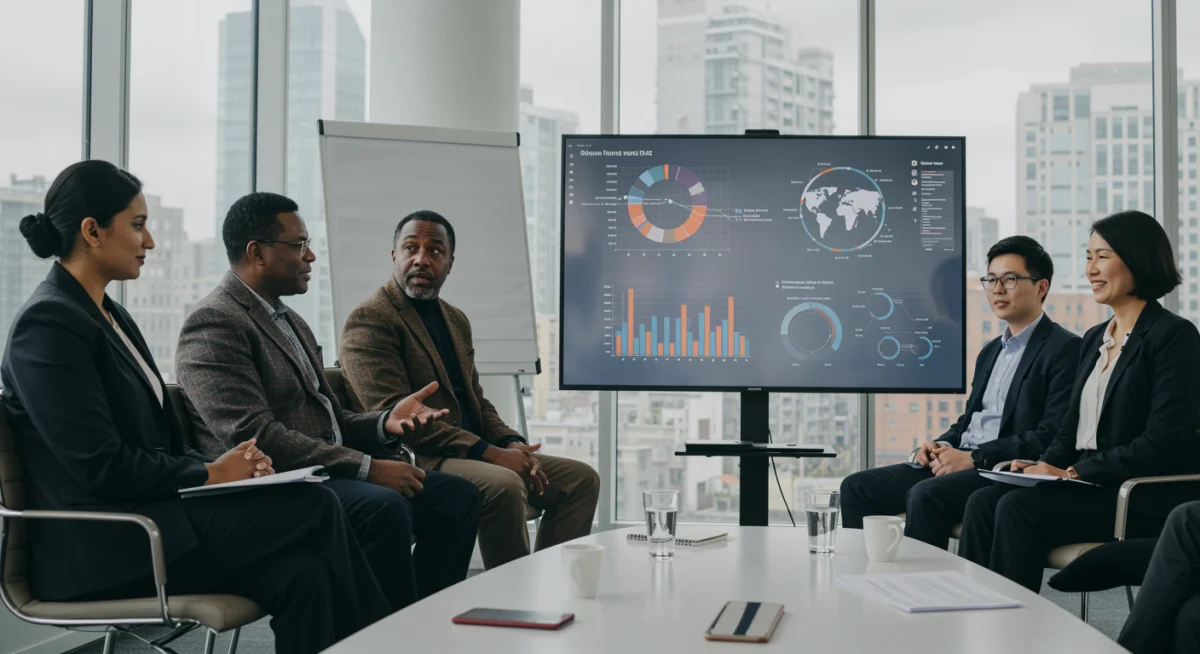 Diverse panel of experts collaborating on innovative solutions in a conference setting.