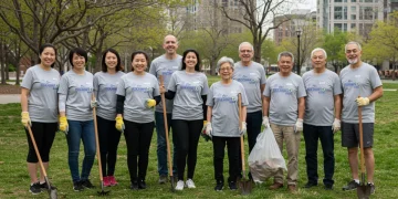 Diverse volunteers cleaning a park, symbolizing community and civic engagement in 2025 America.