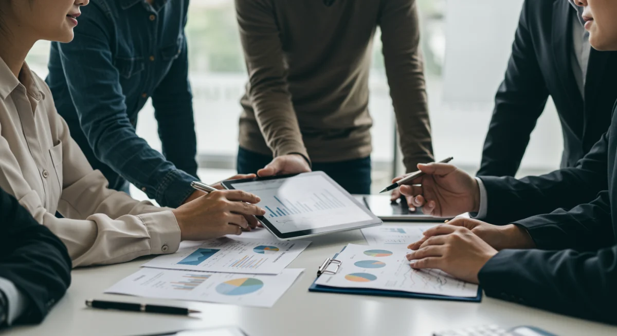 Diverse entrepreneurs collaborating on financial projections