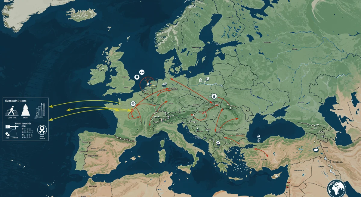 Map of Europe showing strategic hotspots, military movements, and cyber threat indicators.