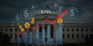 Federal Reserve building with upward arrow indicating interest rate hike