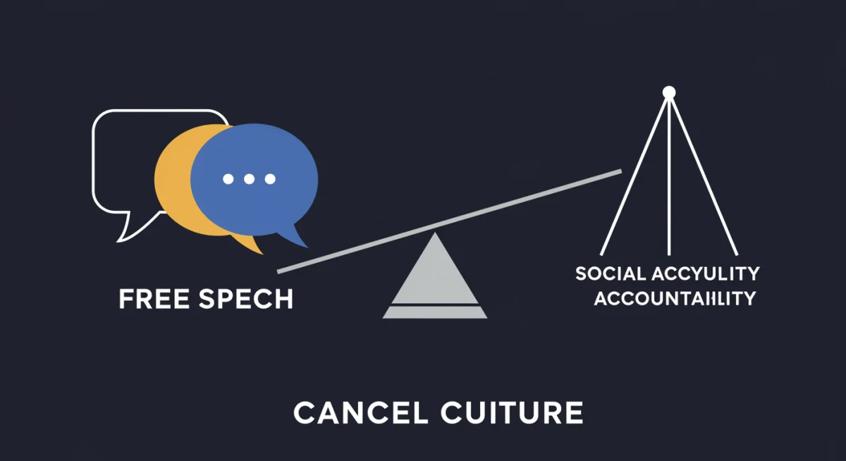 Graphic of speech bubbles and balance scale for free speech vs social accountability