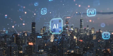 Futuristic cityscape with AI data overlays symbolizing economic growth