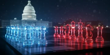 Futuristic geopolitical chessboard with global power shifts impacting US security