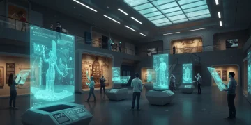Futuristic museum interior with holographic displays and augmented reality interactions, symbolizing digital transformation.