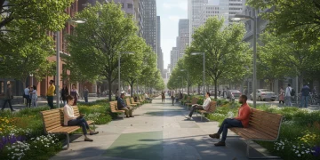 Futuristic public park with diverse community interaction in 2025 America