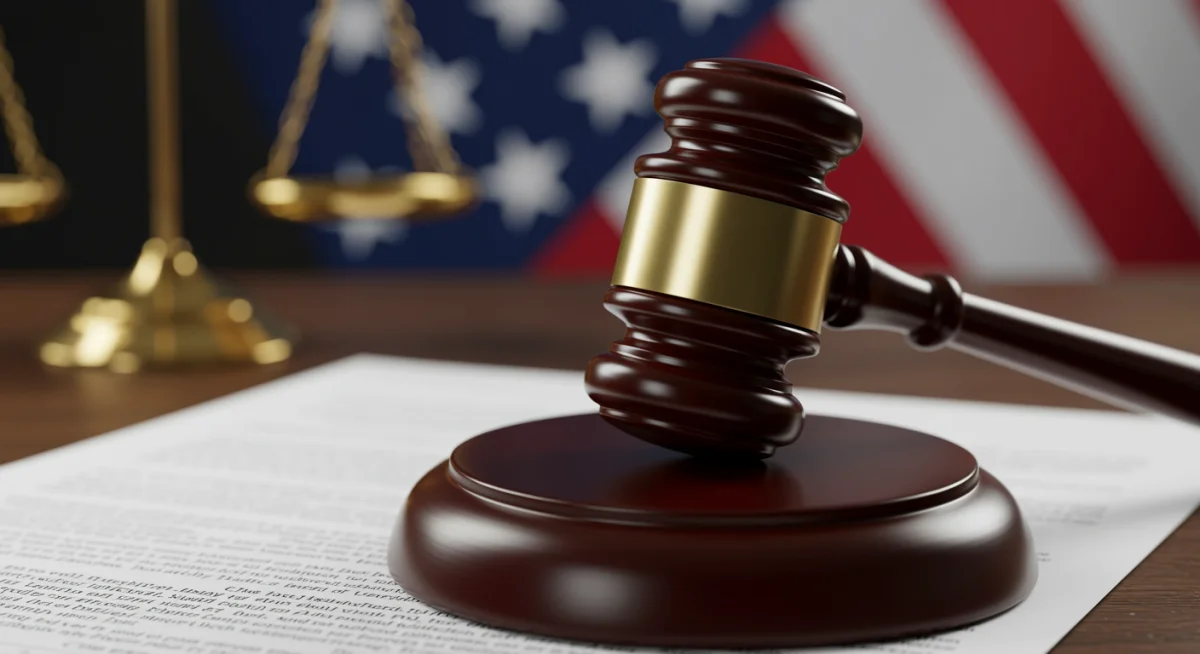 Gavel on legal documents with blurred American flag background