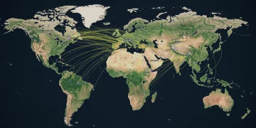 Geopolitical map illustrating U.S., Russia, and China strategic connections