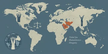 Global map highlighting human rights hotspots with symbols of justice and U.S. advocacy