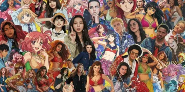 Diverse global pop culture elements influencing American youth fashion and entertainment