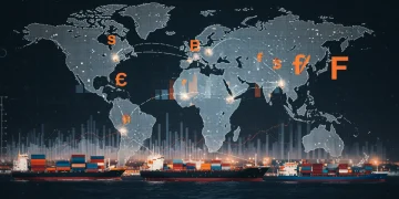 Global trade routes with tariff symbols and economic data, symbolizing 2025 trade dynamics.