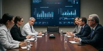 Healthcare professionals and economists discussing 2025 spending projections and economic impact