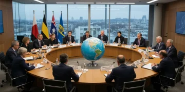 International diplomats discussing climate policy around a global map in a meeting room.