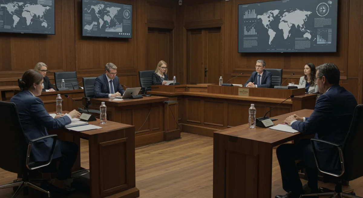 International legal experts debating a landmark case in a modern courtroom setting