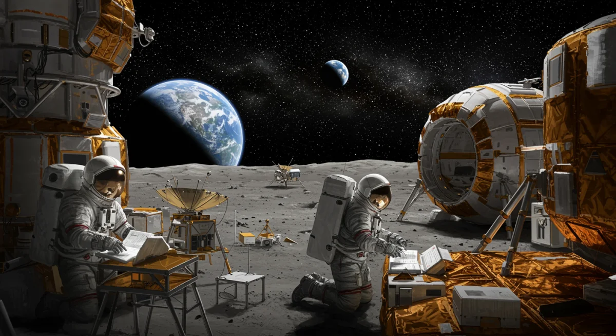 Astronauts establishing a lunar outpost, symbolizing deep space exploration and scientific research.