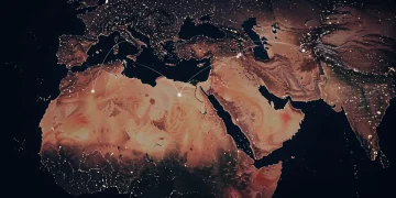Digital map of Middle East with diplomatic lines and US flag overlay, symbolizing geopolitical shifts