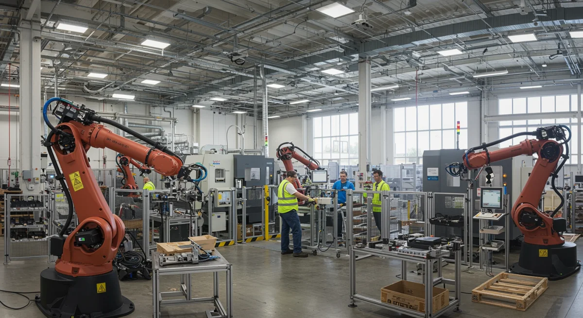 Modern U.S. factory floor with robotics and human collaboration, symbolizing domestic manufacturing growth
