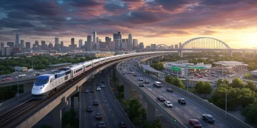 Modern U.S. transportation infrastructure with high-speed trains and smart highways.